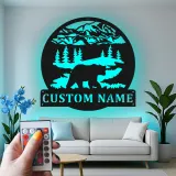 Custom Bear Mountain Scene Led Light Metal Wall Art Personalized Gift for Nature Lovers Cabin Decor