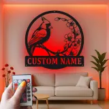 Décoration murale en métal personnalisée avec lumière LED cardinal et fleurs