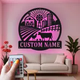 Cartel de Granja Personalizado con LED | Arte de Metal de Granja Personalizado | Placa de Nombre Familiar Rústica para Granjeros