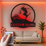 Custom Skier Led Light Metal Wall Art Personalized Gift for Ski Enthusiasts Mountain Lodge Decor