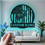 Décoration murale en métal personnalisée avec cerf et drapeau américain, éclairage LED, cadeau personnalisé pour chasseurs, décoration de cabane rustique 4