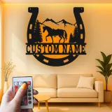 Insegna per Cavalli Personalizzata con LED | Insegna in Metallo a Forma di Ferradura | Decorazione Rustica per Ranch e Regalo Equestre