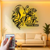 Custom Hairstylist LED Sign | Personalized Metal Wall Art for Salon Decor | Love is in the Hair Light Up Nameplate