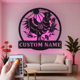 Cartel Personalizado de Gallo | Arte Mural de Metal LED para Granja | Decoración de Pollo Personalizada para la Cocina | Cartel de Bienvenida Campestre