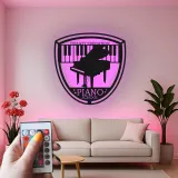 Insegna LED in metallo con pianoforte a coda | Logo personalizzato per scuola di musica | Arte da parete vintage per arredo studio