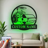 Enseigne de construction Rouleau de route | Décoration murale en métal LED personnalisée | Décor de machines lourdes pour garage ou bureau