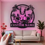 Insegna in metallo LED personalizzata con mucca e fiori - Regalo per fattoria - Decorazione rustica per cucina