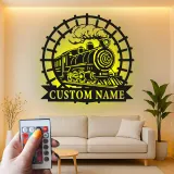 Décoration murale en métal personnalisée de train à vapeur avec rétroéclairage LED - Cadeau pour passionnés de trains, décoration pour man cave ou bureau