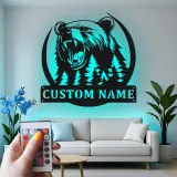 Décoration murale en métal LED personnalisée Forêt d'Ours - Cadeau pour amoureux de la nature - Décor de chalet