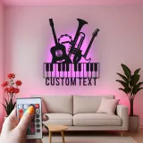 Insegna per Studio Musicale Personalizzata | Arte in Metallo LED per Musicisti | Decorazione Silhouette Strumenti Personalizzati | Regalo per Chitarra, Pianoforte, Tromba