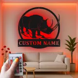 Rhinoceros Metal Wall Art | Custom Name LED Sign | Wildlife Safari Decor for Living Room or Office | Unique Animal Lover Gift