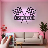 Custom LED Racing Flags Sign | Personalized Metal Garage Decor | Motorsport Wall Art | Premium Racer Gift