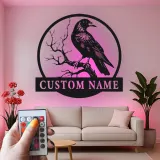 Insegna in metallo LED personalizzata con corvo - Regalo unico per amanti degli uccelli e decorazione per ufficio o soggiorno
