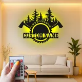 Cartel de hachas cruzadas personalizado | Arte mural LED de sierra circular | Decoración de leñador personalizada | Regalo para carpinteros | Cartel de cabaña rústica