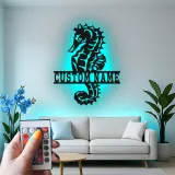 Cartel de metal personalizado de caballito de mar con LED | Arte mural náutico personalizado | Regalo de decoración para casa de playa y hogar costero
