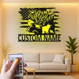 Décoration murale en métal Highland Cow | Enseigne LED personnalisée avec drapeau USA | Déco ranch sur mesure | Cadeau pour fermier