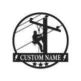 Décoration murale LED en métal Lineman | Cadeau personnalisé pour électricien | Plaque prénom sur mesure pour agent de réseau | Déco de man cave