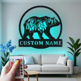 Custom Bear and Mountain Scene Led Light Metal Wall Art Personalized Nature Lover Gift Cabin Decor
