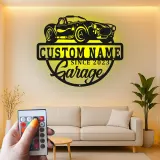 Insegna in metallo LED personalizzata per garage con auto classica - Regalo per appassionati di auto - Decorazione per garage