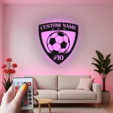 Cartel LED de escudo de fútbol personalizado | Arte mural de metal personalizado para habitación de niños | Regalo de decoración deportiva con nombre y número de jugador