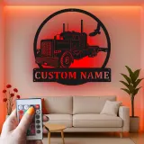 Custom Semi Truck LED Metal Sign | Personalized Trucker Name Art | Big Rig Decor for Man Cave | Gift for Driver