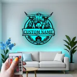 Highland Cow Metal Sign with LED | Personalized Farmhouse Wall Art | Custom Rustic Ranch Decor & Family Name Gift