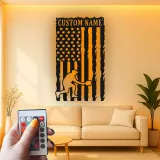 Pickleball Player Metal Wall Art | Custom Name American Flag LED Sign | Patriotic Sports Decor for Home or Gym | Hand-Crafted Steel