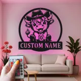 Custom Highland Cow LED Sign | Personalized Metal Wall Art | Western Nursery Decor | Farmhouse Ranch Gift for Her