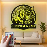 Décoration murale en métal personnalisée avec lumière LED de loup et forêt