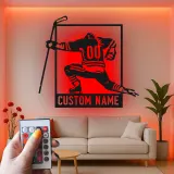 Arte metálico personalizado de jugador de hockey | Cartel LED con nombre a medida para sala de juegos | Regalo para deportista | Decoración para cueva masculina