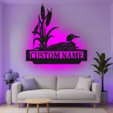 Insegna in metallo personalizzata con loon e canne di palude luce LED regalo per la natura decorazione per casa al lago