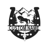 Personalisierte Pferde- & Hufeisen-LED-Leuchte | Individuelle Berg-Metall-Wandkunst | Rustikales Geschenk für Pferdeliebhaber | Christliches Kreuz-Dekor