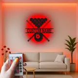 Arte murale in metallo LED Biliardi Personalizzata | Insegna per sala giochi di Pool Room | Decorazione illuminata 8 Ball e Stecca | Regalo per sala giochi per lui