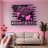 Décoration murale en métal Highland Cow | Enseigne LED personnalisée avec drapeau USA | Déco ranch sur mesure | Cadeau pour fermier