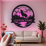 Personalisierte Wolf Heulende Bergszene LED Metall-Wandkunst Geschenk für Naturfreunde Cabin oder Lodge Dekor