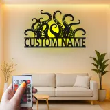 Cartel LED personalizado de tentáculos de pulpo | Arte de metal con nombre personalizado | Decoración náutica para negocios y hogar costero | Regalo para amantes del mar