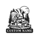 Décoration murale en métal personnalisée avec bison et forêt en rétroéclairage LED - Cadeau faune rustique pour cabane