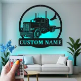 Custom Semi Truck LED Metal Sign | Personalized Trucker Name Art | Big Rig Decor for Man Cave | Gift for Driver