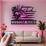 Custom Elk American Flag Led Light Metal Wall Art Personalized Gift for Hunters Rustic Cabin Decor