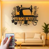 Personalized Sewing Machine LED Sign | Custom Metal Wall Art for Craft Room | Vintage Floral Seamstress Gift