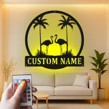 Insegna in metallo personalizzata con fenicottero | Arte murale LED con palma personalizzata | Decorazione per casa al mare e regalo per patio esterno