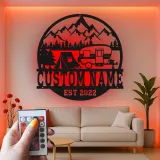 Cartel de metal LED con camper y tienda personalizado, regalo de aventura al aire libre para decoración de cabaña o RV