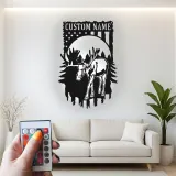 Personalisierte Metall-Wandkunst mit Elch und LED | Individuelles Namensschild mit amerikanischer Flagge | Rustikale Dekoration für Naturfreunde