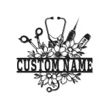 Personalisierte Krankenschwester-Schild mit LED-Licht | Metall-Wandkunst | Florales Stethoskop-Dekor für Klinik & Büro | Geschenk für Pflegekräfte