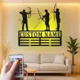 Cartel de metal personalizado con silueta de arquería y luz LED, regalo personalizado para arqueros, decoración para sala de juegos o man cave