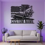 Skid Steer Loader Metalltafel | Personalisierte LED-Wandkunst | Individuelle Dekoration für Baumaschinen | Garage & Werkstatt-Schild mit USA-Flagge