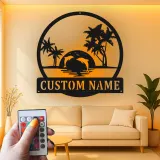 Custom Tropical Sunset with Dolphins Led Light Metal Wall Art Personalized Beach Lover Gift Coastal Living Room Decor