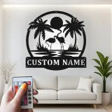 Insegna LED fenicottero personalizzata | Arte da parete in metallo per patio e piscina | Decorazione tropicale con palma