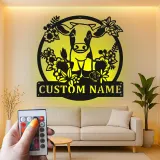 Insegna in metallo LED personalizzata con mucca e fiori - Regalo per fattoria - Decorazione rustica per cucina