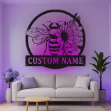 Custom Bee and Flower Led Light Metal Wall Art Personalized Garden Lover Gift Outdoor Patio Decor